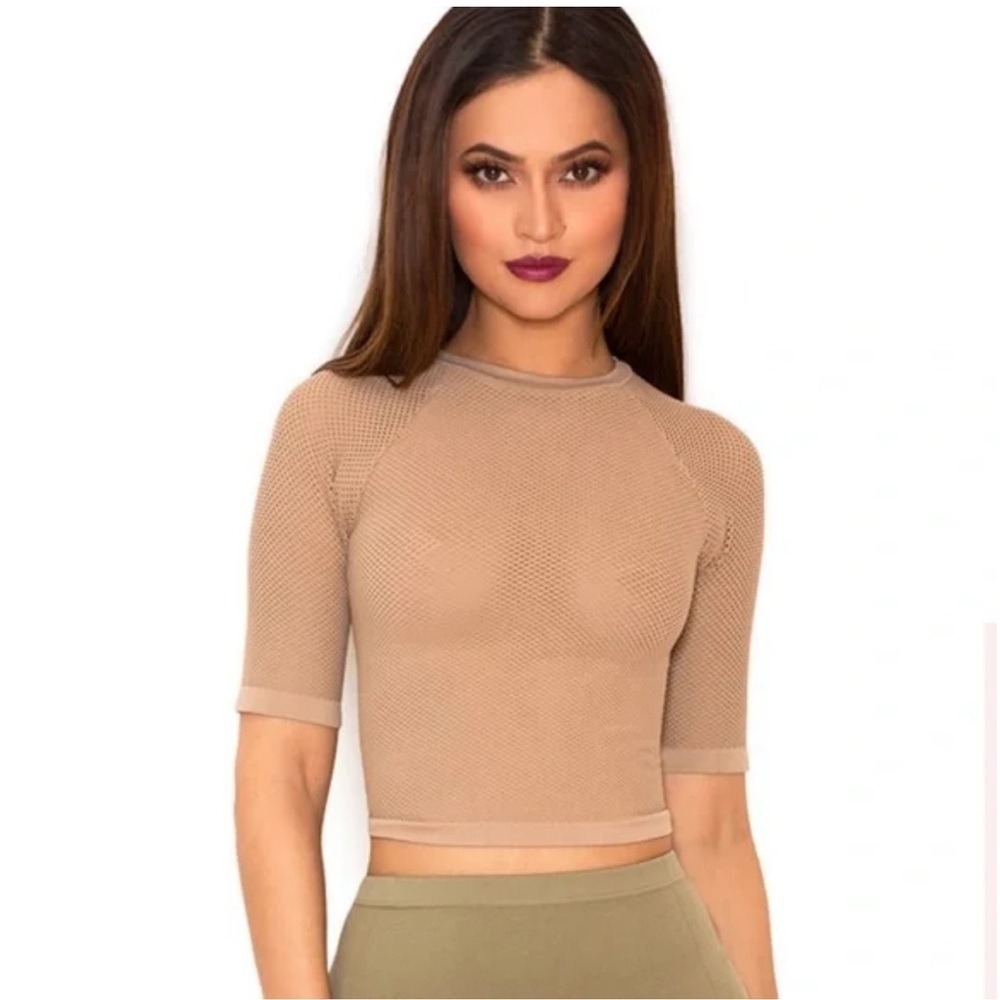 House Of CB London Sculpt Mocha Mesh Fishnet Top Womens M/L Nude Neutral